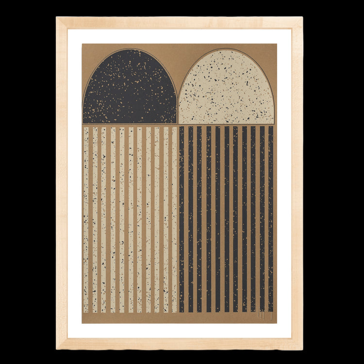 A two color silkscreen print with geometric painted forms, featuring half moons and lines, in black, white, and beige colors.