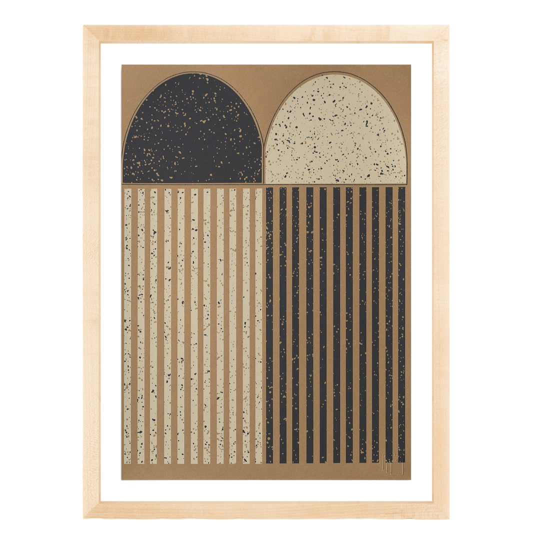 A two color silkscreen print with geometric painted forms, featuring half moons and lines, in black, white, and beige colors.